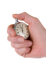 Man's hand holding stopwatch