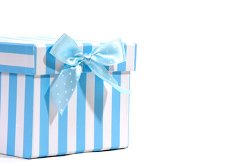 gift box with blue and white tie, white background