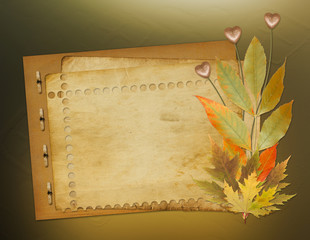 Grunge papers design in scrapbooking style with foliage and hear