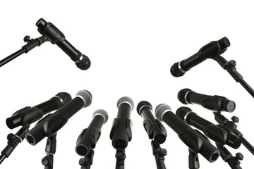 Press conference microphones isolated on white