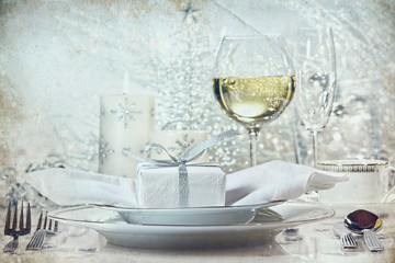 Festive silver dinner setting with vintage look for the holidays