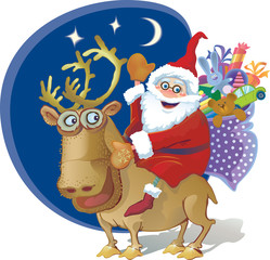 Jolly Santa riding a reindeer. Bag of gifts for children