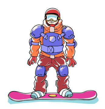 The snowboarder in a full body armor.