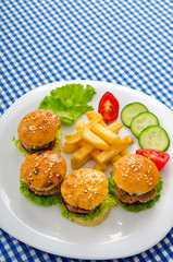 Burgers with french fries in plate
