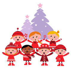 Cute multicultural caroling Children, christmas Tree.