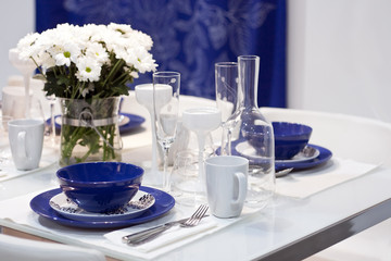White and blue dining table