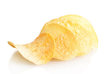 Delicious potato chips isolated on white