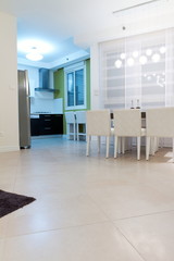 Living room with kitchen in a new house.