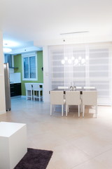 Living room with kitchen in a new house.