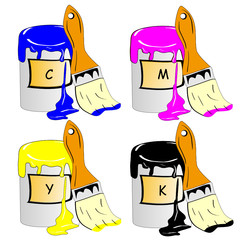 CMYK Farbeimer mit Pinsel