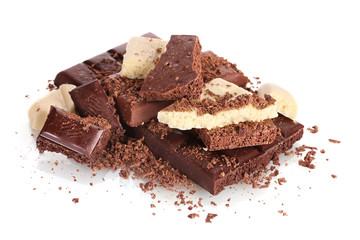 Slices of milk and white chocolate bar with chocolate