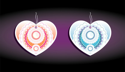 Set of color labels, on a dark background. Hearts and flowers th