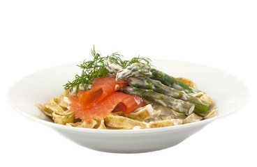 Tagliatelle with smoked trout and asparagus