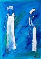 Two nurses in white painting in acrylic by Kay Gale