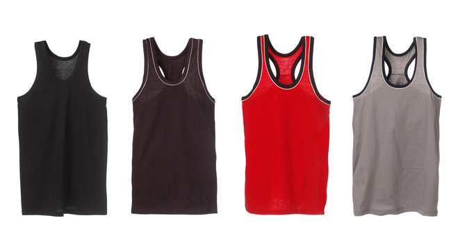 Four sport tank tops. Black, brown, red and grey.