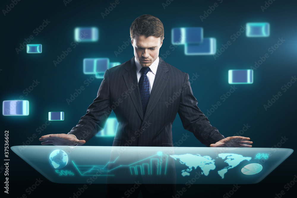 Poster businessman pressing high tech type of modern buttons
