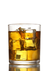 glass of whiskey and ice isolated on white