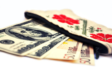 Dollars and euro enclosed in a purse