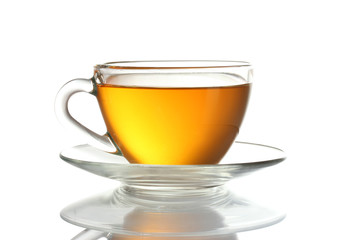 Beautiful transparent cup of tea isolated on white
