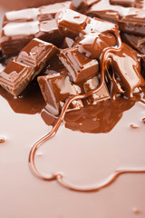 Chocolate background. Broken bars and flowing liquid chocolate