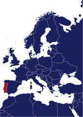 Blue map of europe with red highlited Portugal