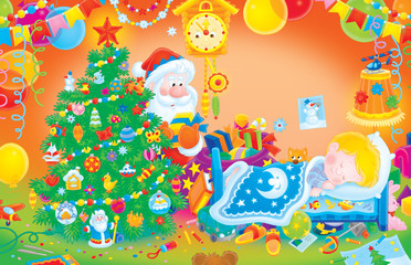 Obraz na płótnie Canvas Santa puts gifts under a Christmas tree