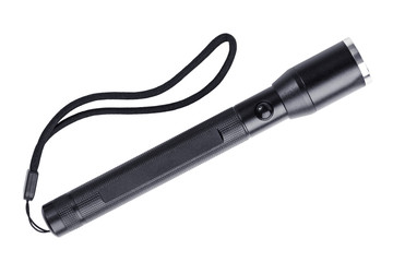 Black metal flashlight with a strap