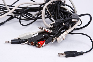 bundle of different wires isolated on white background
