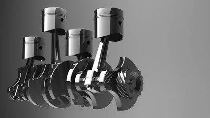Engine pistons and cog. 3D image.