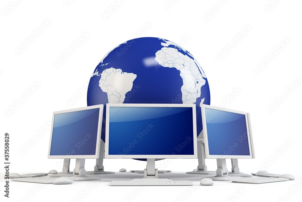 Poster 3d world globe with computer terminals