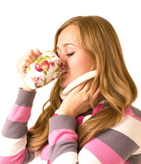 smiling girl with a cup on white background