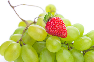 bunch of white grapes and strawberries isolated on white