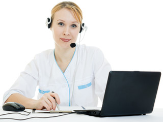 A woman doctor operator on a white background.