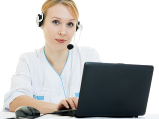 A woman doctor operator on a white background.