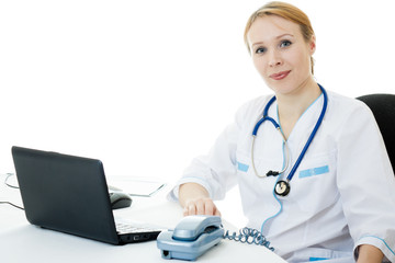 A woman doctor consultant on a white background.