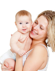Portrait of loving mother and her baby on white background