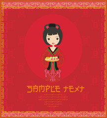 beautiful Asian girl enjoy sushi - menu template