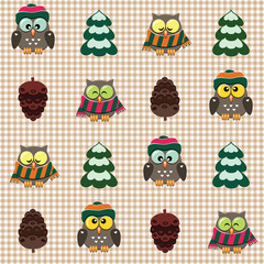 Winter checked pattern with cute owls