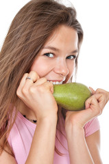 Young happy woman biitng peach