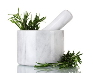 fresh green rosemary in mortar isolated on white