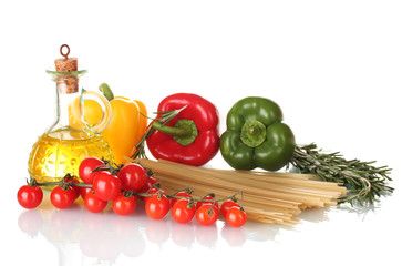 spaghetti, jar of oil, rosemary, paprika and tomatoes cherry