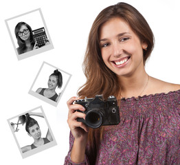 Naklejka premium Young brunette girl with a camera