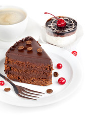 chocolate cake with coffee isolated on white background