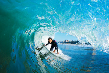 Surfer On Blue Ocean Wave - obrazy, fototapety, plakaty