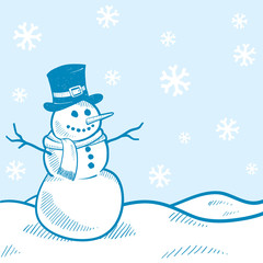 Doodle style holiday snowman landscape background