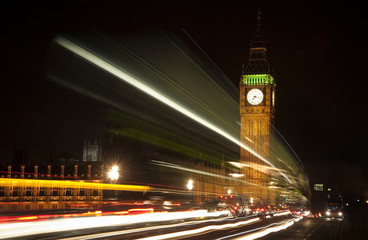 Fototapeta na wymiar Long exposure lights from traffic Big Ben London at night