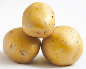 bunch of potatoes on white background close up shoot