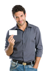 Happy man with white card
