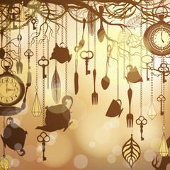 Antique golden background with tea party theme