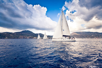 Sailing ship yachts with white sails